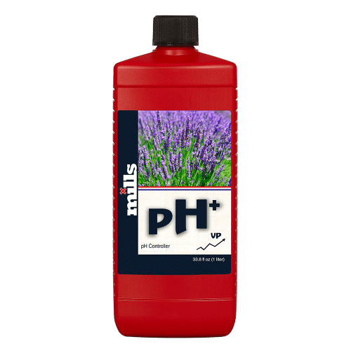 Mills pH+ bottle – liquid pH controller for raising nutrient solution levels in soil, coco, and hydroponic systems