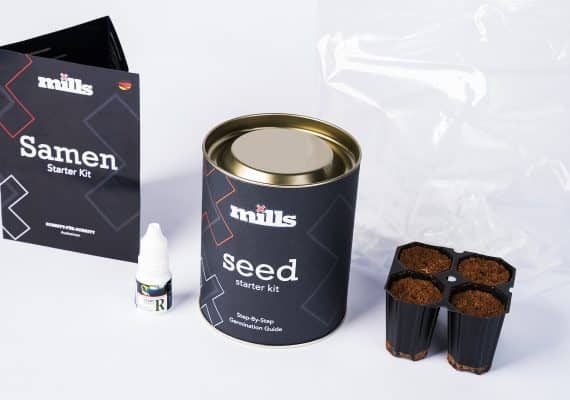 Mills Seed Starter Kit with germination guide, nutrient dropper, substrate plugs, and packaging components