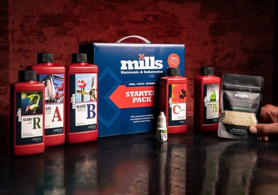 Mills Nutrients Starter Pack displayed with Basis A&B, Start-R, C4, PK, Vitalize, and substrates