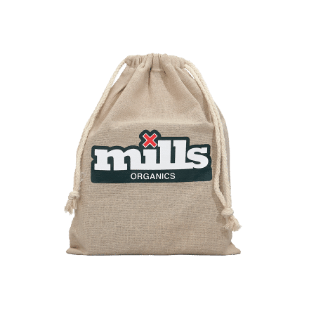 Branded Mills Organics drawstring sack – eco-friendly packaging for nutrient kits or promotional packs