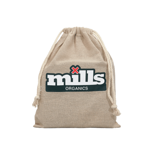Branded Mills Organics drawstring sack – eco-friendly packaging for nutrient kits or promotional packs